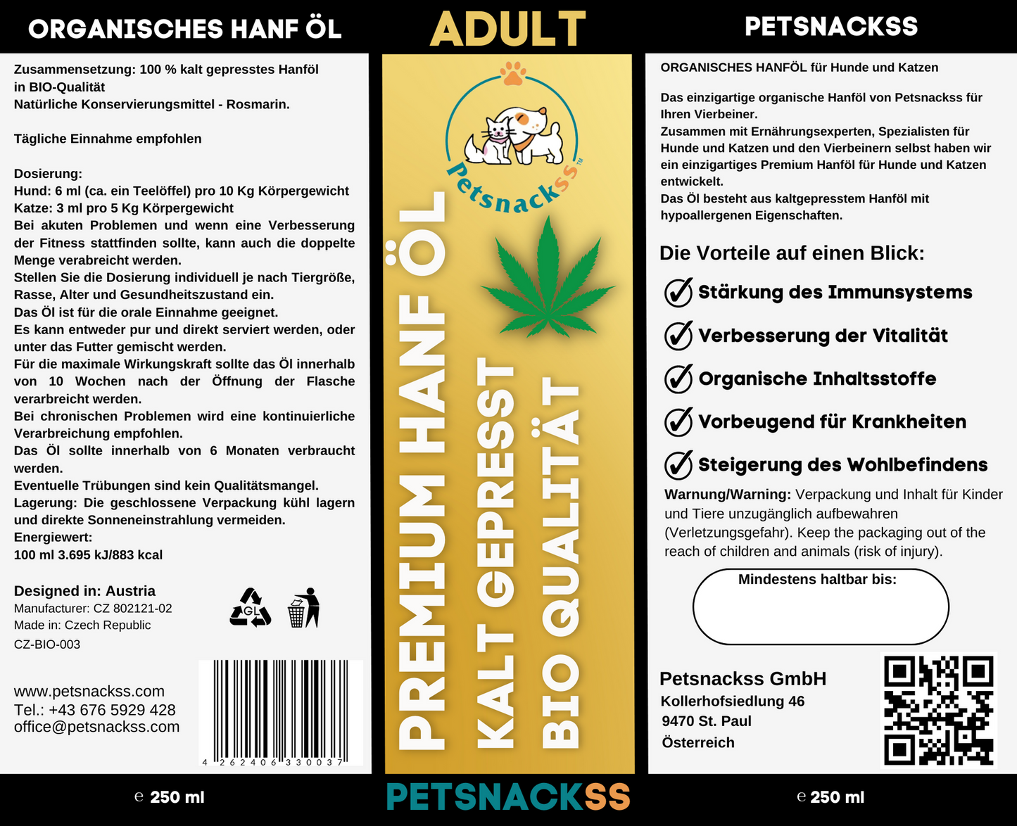 Petsnackss - Premium Hanföl Junior 250 ml