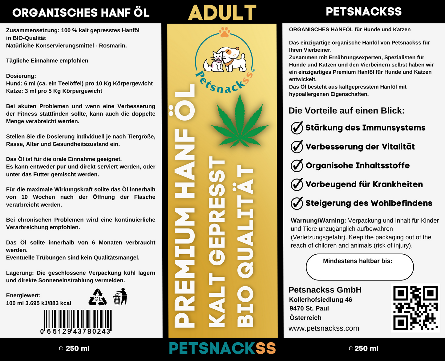 Petsnackss - Premium Hanföl Junior 250 ml