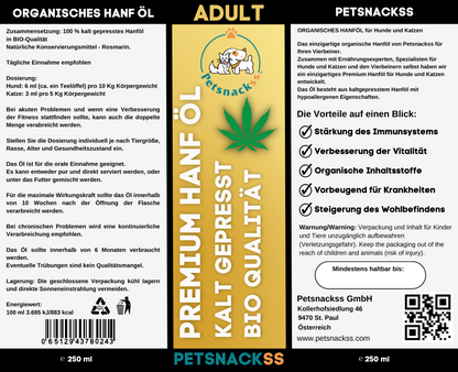 Petsnackss - Premium Hanföl Senior 250 ml